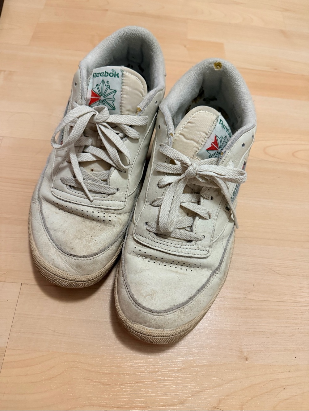 Reebok Off-White Leather Sneakers with Green & Red Logo Accents